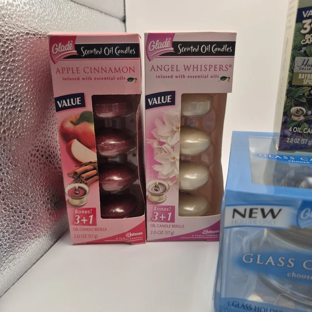 Glade Scented Oil Glass Holder & Lot Of 5 Oil Candle Refills